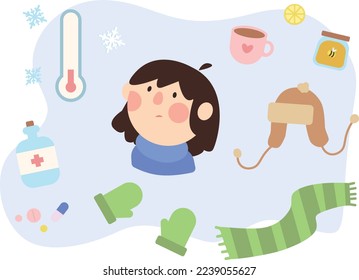 Winter season, a girl, vector cute flat colorful drawings 