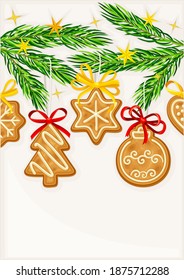 Winter Season Greeting Postcard with Gingerbread Hanging on Fir Tree Branch Vector Illustration