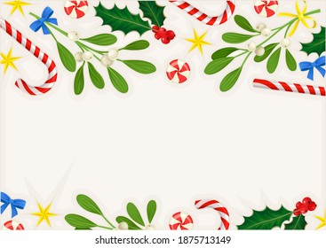 Winter Season Greeting Postcard with Mistletoe Berry Twig and Candy Stick Vector Illustration