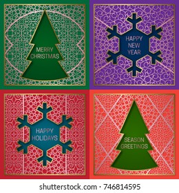 Winter season greetings cards covers set. Golden pink backgrounds with frames in Christmas tree and New Year snowflake shapes.
