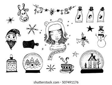 Winter season hand drawn doodle set. Santa claus, deer head, lamp, garland, cute girl, snowman, bottles, tea cup, snowflakes.
