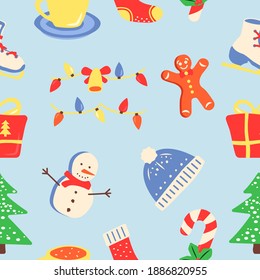 Winter season holiday abstract seamless pattern. Geometric flat vector shapes. Seasonal greeting. Wintertime texture with cartoon color icons. Decorative boho design with graphic elements