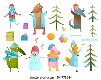 Winter season holiday animals clip art collection for kids. Cute animals collection wearing warm clothes celebrating New Year or Christmas. Set for winter holidays design. Vector illustration.