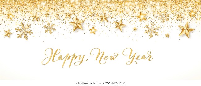 Winter season holiday banner. Happy New Year calligraphy text. Golden glitter stars and snowflakes decoration. Luxury background, confetti frame. For Christmas Sale, party posters, headers. Vector.