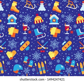 Winter season holiday flat seamless pattern. Christmas, New year background. Skiing, skating repeat ornament. Paper wrap, fabric print, wallpaper decor. Outdoor activity cartoon vector illustration