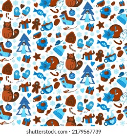 Winter season holiday seamless pattern vector. Angel and decorative ball new year fir-tree decoration, present box and cat, cookie house and man, socks and gloves. Flat cartoon illustration