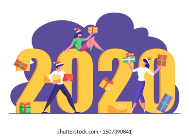 Winter Season Holidays Concept. Tiny People Celebrating New Year Near Giant 2020 Number Decorated by Festive Gift Boxes. Business Party Poster, Banner, Flyer, Brochure. Flat Vector Illustration