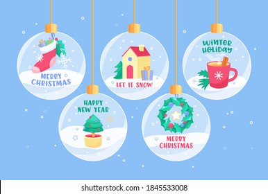 Winter Season Holidays Greeting Cards or Banners with Typography in Snowballs or Decorative Baubles, Merry Christmas, Let It Snow, Happy New Year, Sock, House, Fir Tree. Cartoon Vector Illustration