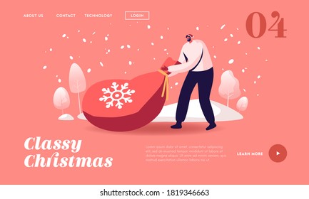 Winter Season Holidays Landing Page Template. Male Character in Red Traditional Santa Claus Hat Pull Huge Sack with Gifts. Merry Christmas and Happy New Year Wishes. Cartoon Vector Illustration