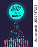 Winter Season Holidays Live Music event vector poster template. Piano, music notes cartoon illustration. Christmas Tunes, Jazz Cheer Night celebration, Festive Jazz Live Music performance background