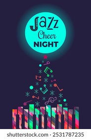 Días festivos de la temporada de invierno Plantilla de póster de Vector de evento de música en vivo. Piano, notas de música, ilustración de dibujos animados. Navidades Melodías, Jazz Alegría Noche de celebración, Jazz festivo Fondo de actuación de música en vivo