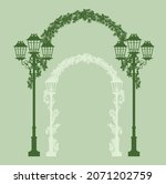 winter season holidays pine branches and city street light design element set - vector silhouette outline of decorated urban lamps forming arch passage