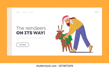 Winter Season Holidays Preparation Landing Page Template. Little Girl Wear Santa Hat Decorate Xmas Deer with Scarf on Neck, House Yard Decoration with Christmas Statue. Cartoon Vector Illustration