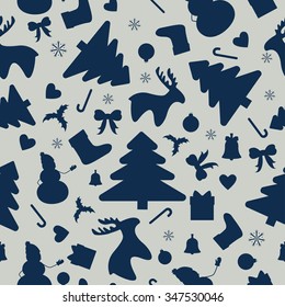 Winter season holidays seamless elements. Miscellaneous Christmas and New Year elements. Dark blue on grey background.
