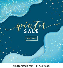 Winter season holidays themed banner for social media, blog or online shop. Christmas, Happy New Year background with waves, snowflakes, gold elements. Realistic snow and confetti. Vector illustration