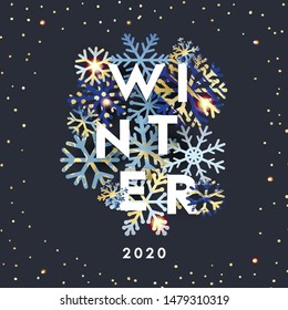Winter season holidays themed banner for social media, blog or online shop. Christmas, Happy New Year background with waves, snowflakes, gold elements. Realistic snow and confetti. Vector illustration