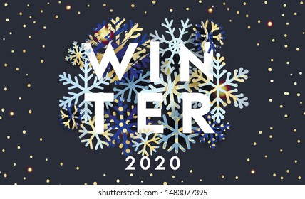 Winter season holidays themed banner for social media, blog or online shop. Christmas, Happy New Year background with waves, snowflakes, gold elements. Realistic snow and confetti. Vector illustration