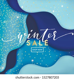 Winter season holidays themed banner for social media, blog or online shop. Christmas, Happy New Year background with waves, snowflakes, gold elements. Realistic snow and confetti. Vector illustration