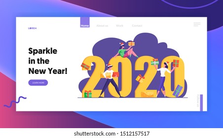 Winter Season Holidays Website Landing Page. Tiny Business People Colleagues Celebrate New Year Corporate Party Near Giant 2020 Number with Gift Boxes Web Page Banner. Cartoon Flat Vector Illustration