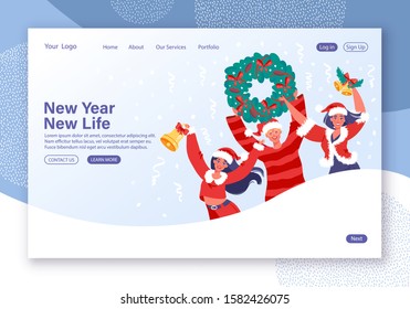 Winter season holidays website landing page concept. Smiling people celebrate New Year party. They holding New Year decorations, bell, wreath of fir branches and mistletoe. Young people dancing.