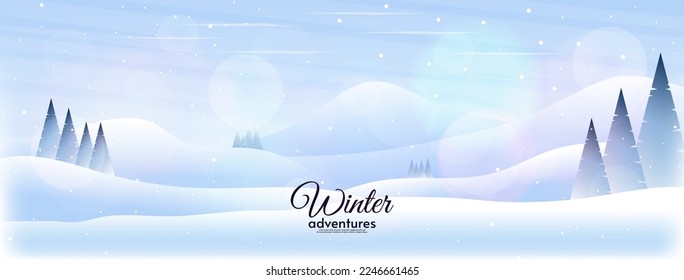 Winter season horizontal landscape. Blizzard and snowfall. Vector illustration. Flat style. Forest with hills and mountains. Welcome winter.