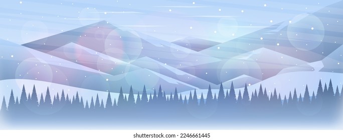 Wintersaison horizontale Landschaft. Vektorgrafik. Flacher Stil. Wald mit schönen Bergen. Blizzard und Schneefall.