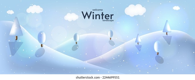 Winter season horizontal vector illustration. 3d style. Hills with trees. Blizzard, snowfall. Greeting card.