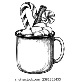 Winter season hot cocoa cup with marshmallow and candies vector sketch illustration