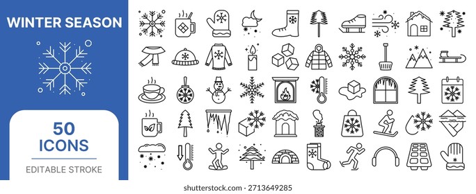 Winter season icon set featuring snow, cold weather, winter clothing, holidays, and seasonal elements. Ideal for apps, websites, infographics, and seasonal design projects.