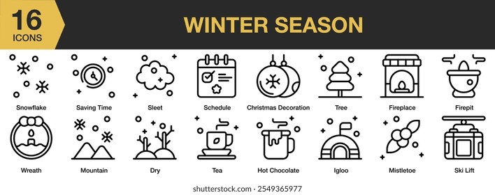 Definição de ícone de Temporada de inverno. Inclui floco de neve, economia de tempo, sleet, cronograma, seco, chá, iglu e muito mais. Contornar coleção de vetores de ícones.