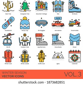 Winter season icons including bare tree, evergreen, mountain cottage, snowboard, wooly cap, goggles, 4x4 vehicle, snowmobile, ski lift, outdoor cafe, leg warmer, snow boots, shawl, jacket, duffle coat