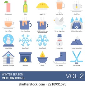 Winter season icons including bloody Mary, cider, apple pie, Irish coffee, black tea, hot chocolate and marshmallow, migration, hibernation, snow globe, snowflake, snowman, snowy mountain, cottage