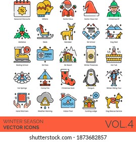 Winter Season Icons Including Seasonal Discount, Mittens, Santa Claus Hat, Christmas Elf, Mistletoe, Sled, Reindeer, Skating School, Ski Pass, Resort, Preserves, Hot Tub, Springs, Campfire, Penguin.