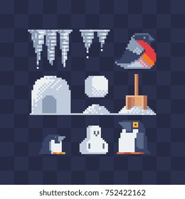 Winter season icons set. Penguin, snowflake, bullfinch and snowball. Pixel art style. Isolated vector illustration