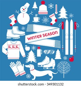 Winter Season Icons Set in Retro Style - in vector