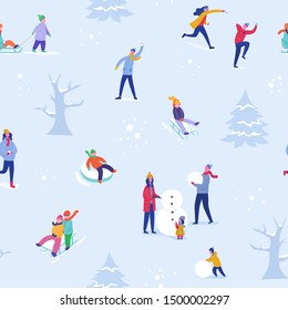 Winter season illustration Background with people skiing, ice skating, sledding. Christmas and New Year Holiday seamless pattern for design, wrapping paper, invitation, greeting card, poster. Vector
