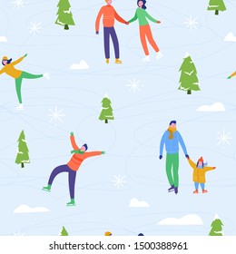 Winter season illustration Background with people characters family ice skating. Christmas and New Year Holiday seamless pattern for design, wrapping paper, invitation, greeting card, poster. Vector