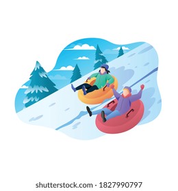 Winter season illustration concept, Two child happy and enjoy play snow tubing. Holiday concept. Suitable for design needs such as poster, web design, landing page, etc.
