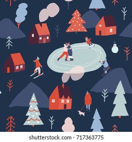 Winter season illustration with people are skiing, ice skating, sledding. Christmas seamless pattern.