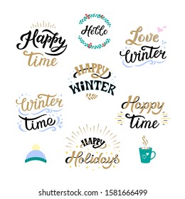 Winter season inspiration quotes lettering. Motivational phrases with flat elements. Winter vector signs set and texts. Calligraphy graphic design element.