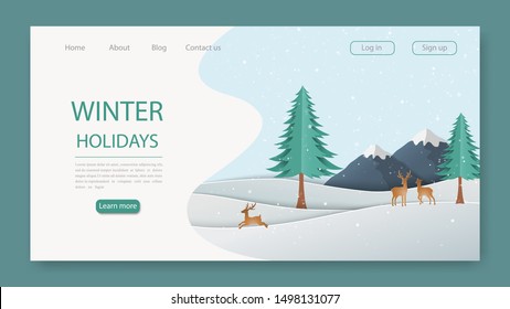 Winter season Landing Page,Christmas holiday with deer family in the forest for website,template,banner or greeting card,vector illustration