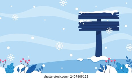 Winter season landscape background with wooden board illustration