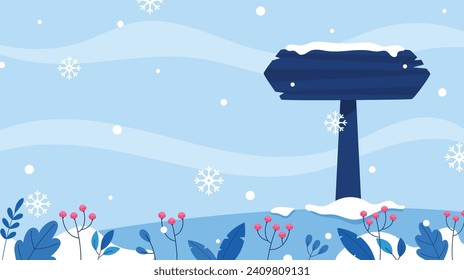 Winter season landscape background with wooden board illustration