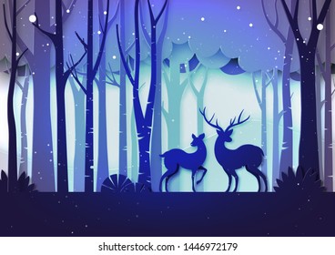 Winter season landscape and christmas concept forest and deer wildlife on purple color background paper art style.Vector illustration.