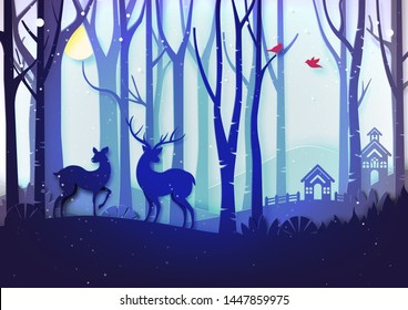 Winter season landscape and christmas day concept with cottage and deer wildlife in forest background paper art style.Vector illustration.