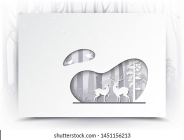 Winter season landscape and christmas day concept with deer wildlife in forest background template paper art style.Vector illustration.