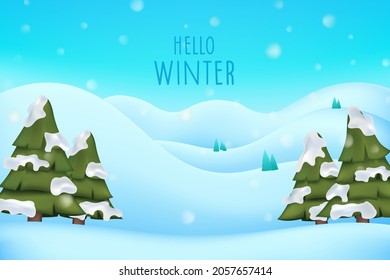Winter season landscape with christmas tree and snow mountain vector illustration background