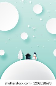 Winter season landscape with cottage,pine tree and snowman for merry christmas and happy new year background paper art style.Vector illustration.