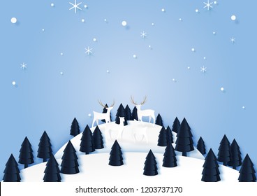 Winter season landscape with deers family and pine forest for merry christmas and happy new year.Paper art style vector illustration.