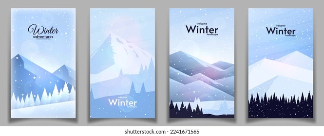 Winter season landscape. Flat style. Vector illustration. Beautiful mountains with snowfall and blizzard. Set of posters. Design for brochure, invitation, banner, postcard.